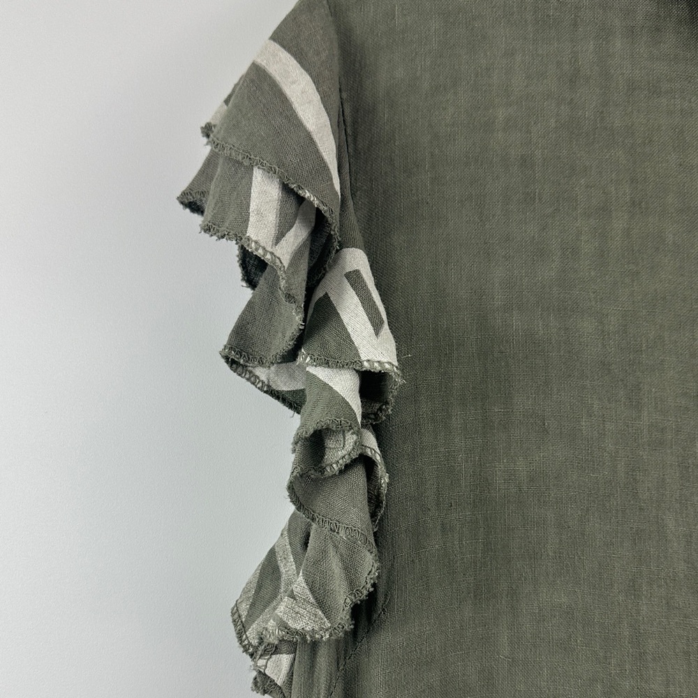 Little Corner Miami 100% Linen Made in Italy Olive Ruffle Button Midi Dress XL - Picture 6 of 11